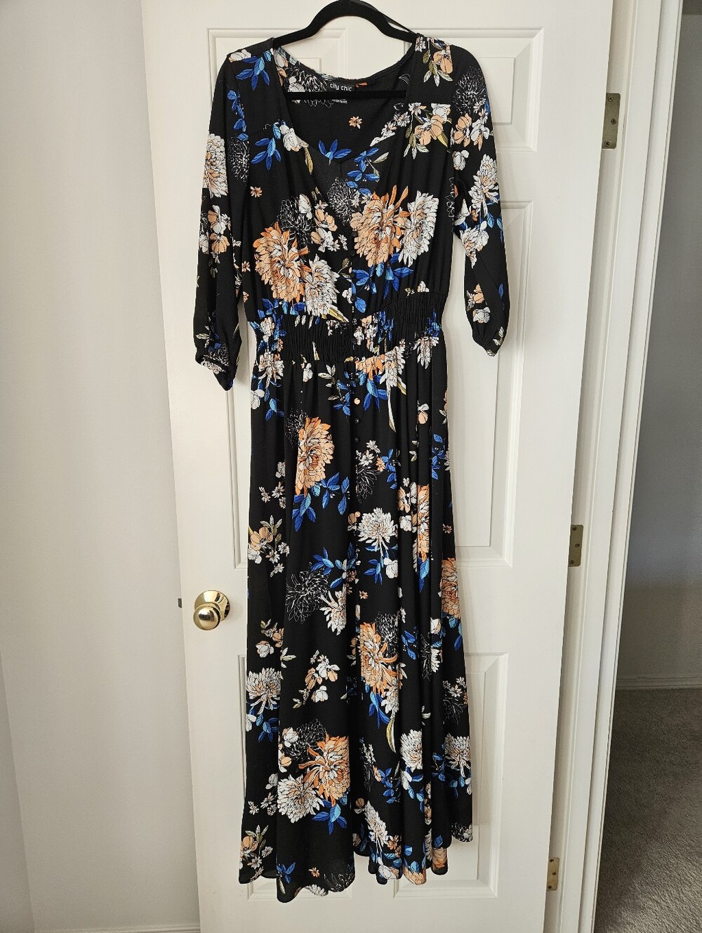 City Chic Black Floral Maxi Dress with Orange & Blue Flowers, Small/16